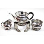 A silver-plated three-piece tea set of globular form; & a pair of silver-plated novelty boot weights