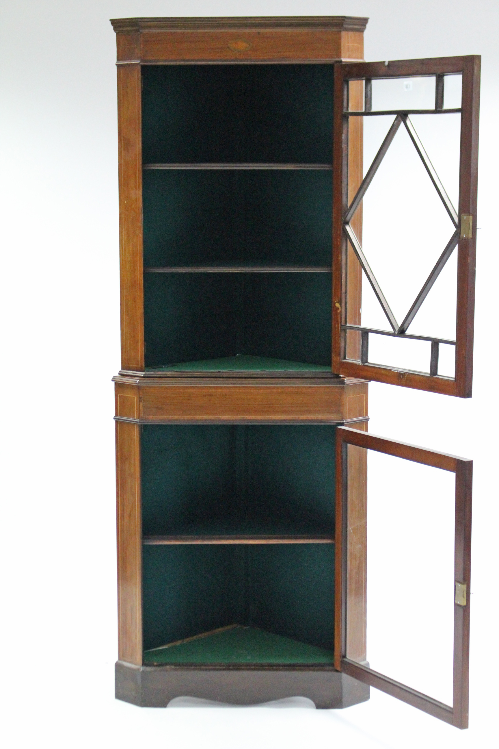 A 19th century inlaid-mahogany tall standing corner cabinet, fitted three shelves enclosed by pair - Image 2 of 2
