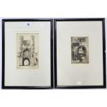 Two black & white etchings by Humphrey titled “Monk Bar York”; & “Bishop’s Close Exeter”, 8¾” x 5¾”,
