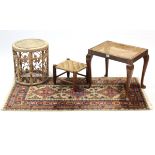 A cane-seat dressing table stool, 19” wide; together with two other stools; & five small rugs.