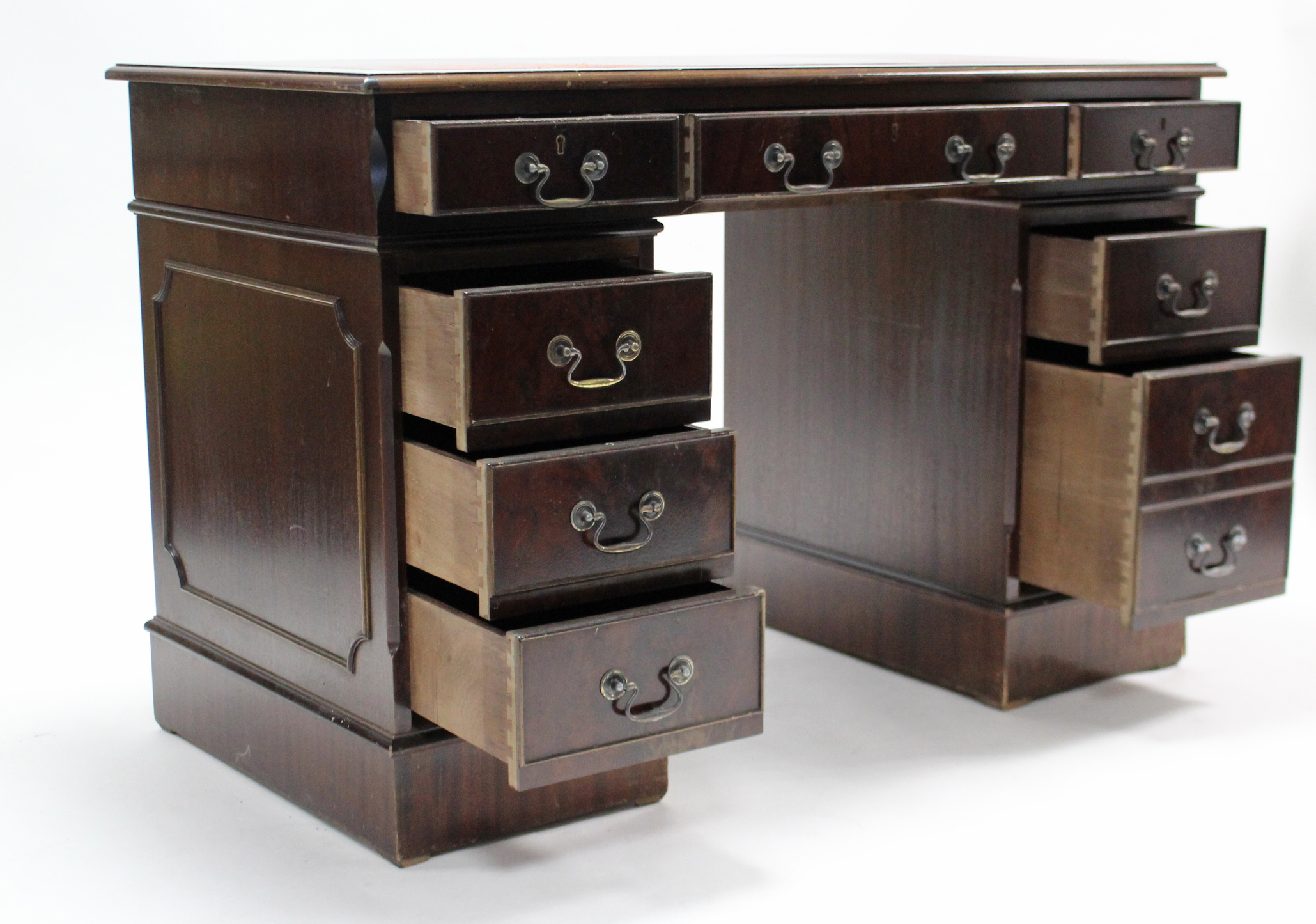 A reproduction mahogany pedestal desk-inset gilt tooled crimson leather cloth, fitted with an - Image 2 of 3