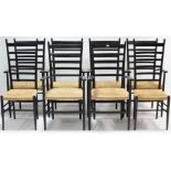 A set of eight Italian black-finish ladder-back dining chairs (including six carver chairs) with