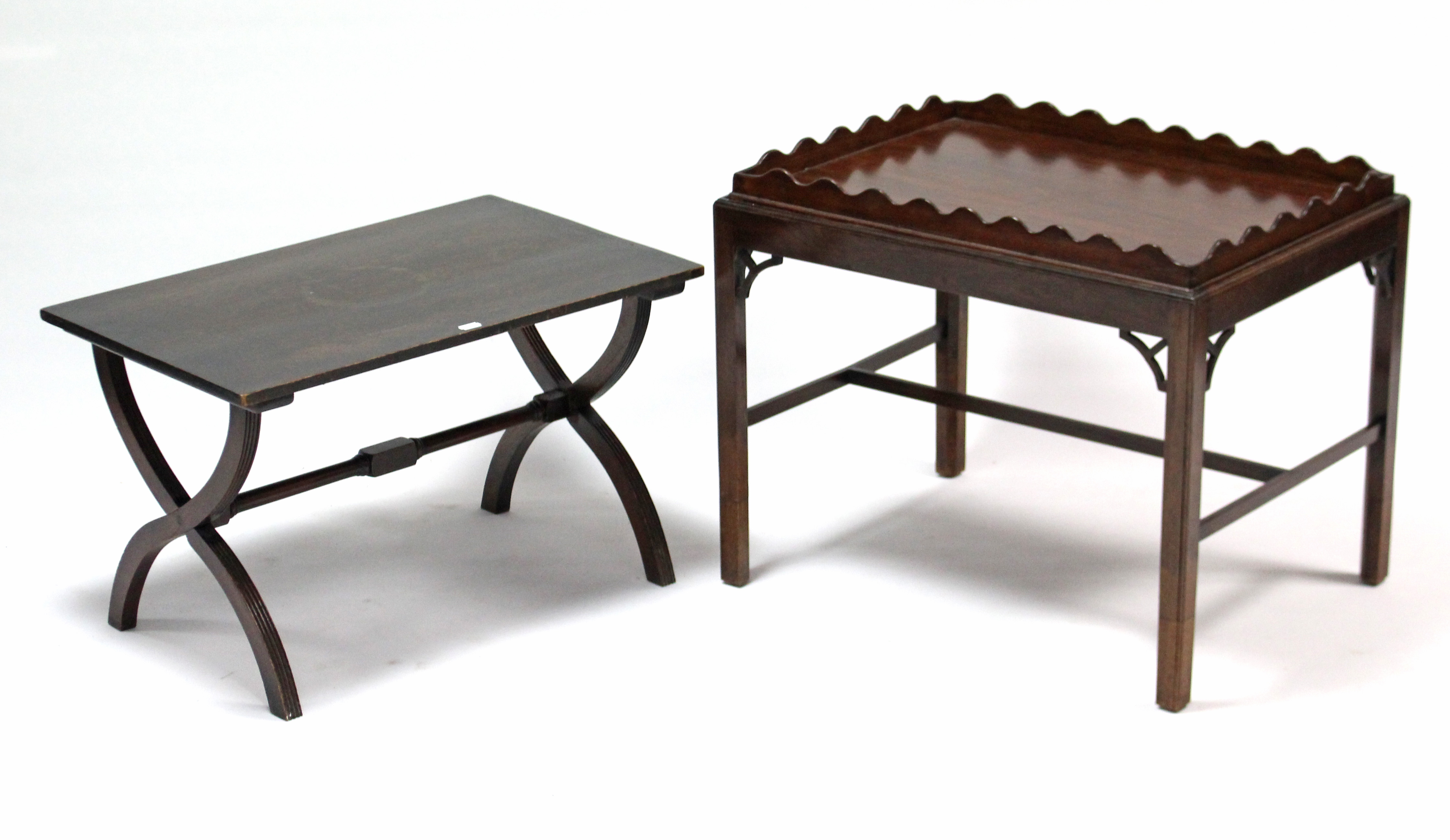 A reproduction mahogany butler’s tray/table, on square chamfered legs with plain stretchers, 23”