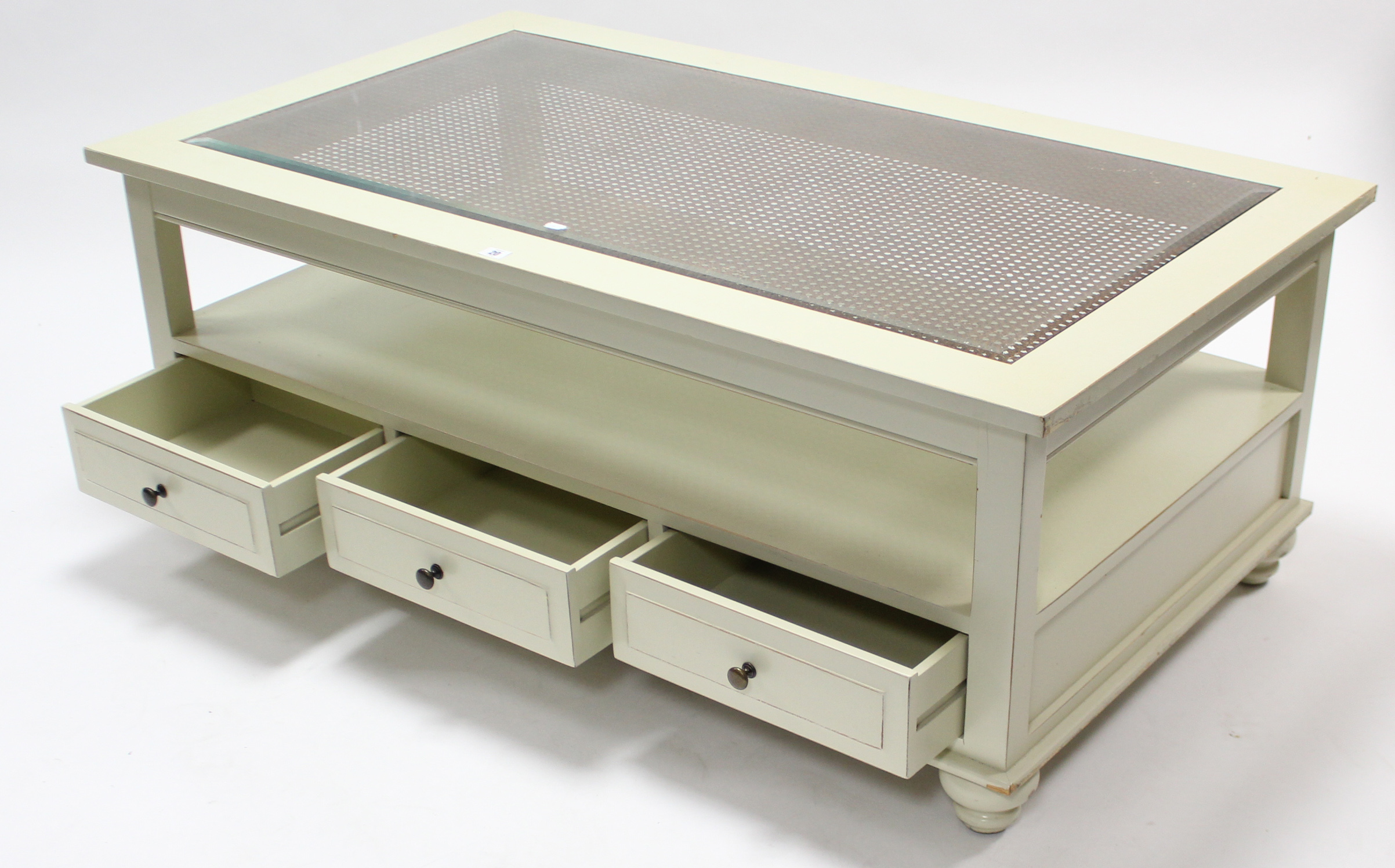 A white painted wooden large rectangular two-tier coffee table inset bevelled tempered-glass top, - Image 2 of 2