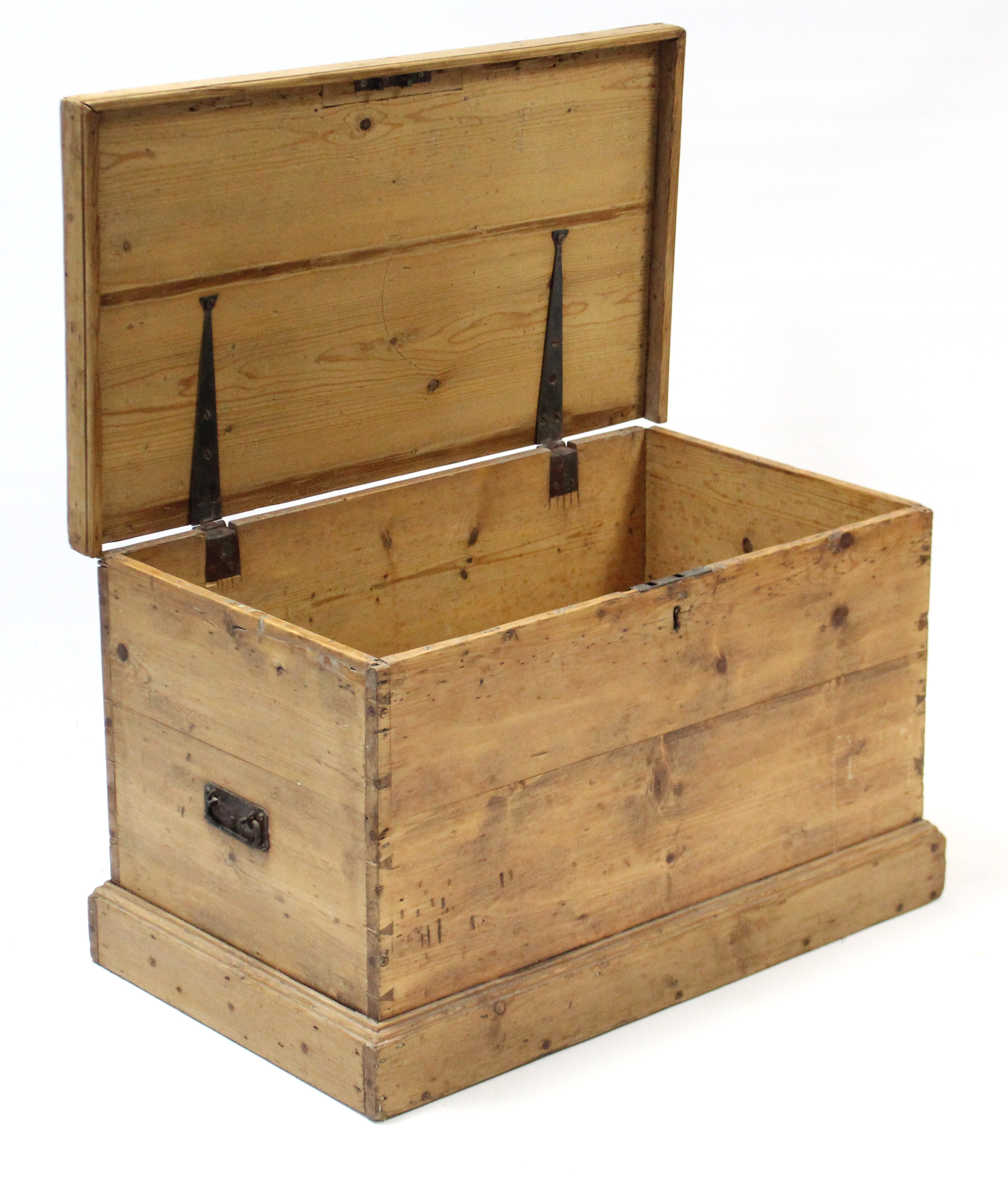 A pine blanket box, with hinged lift-lid, wrought iron side handles, & on plinth base, 32¼” wide x - Image 2 of 3