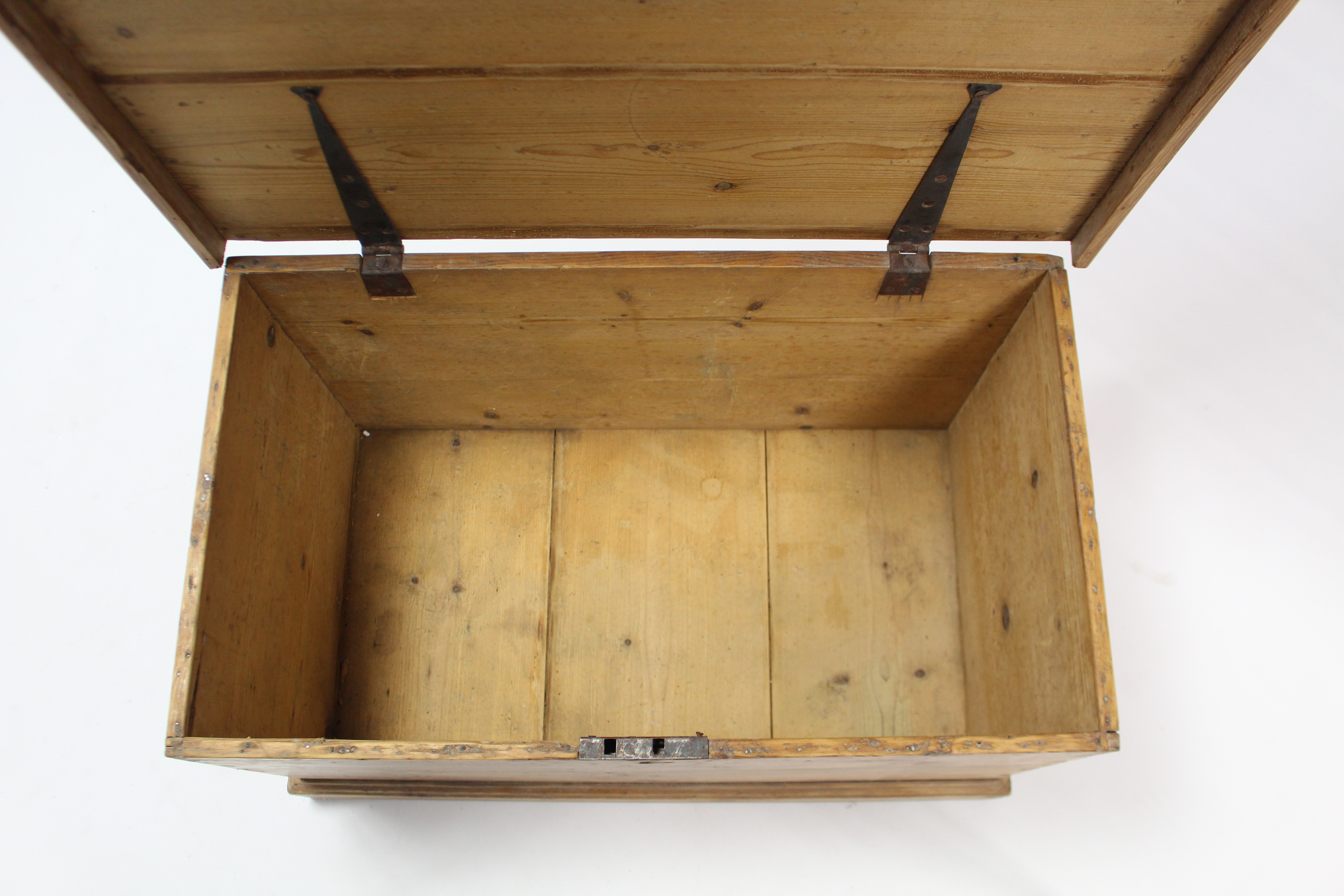 A pine blanket box, with hinged lift-lid, wrought iron side handles, & on plinth base, 32¼” wide x - Image 3 of 3