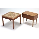 A Danish teak tile-top coffee table on square legs, 20½” wide; & a teak needlework table, 20½”