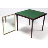 A gilt-frame rectangular wall mirror inset bevelled plate, 25” x 19”; & a bridge table inset green