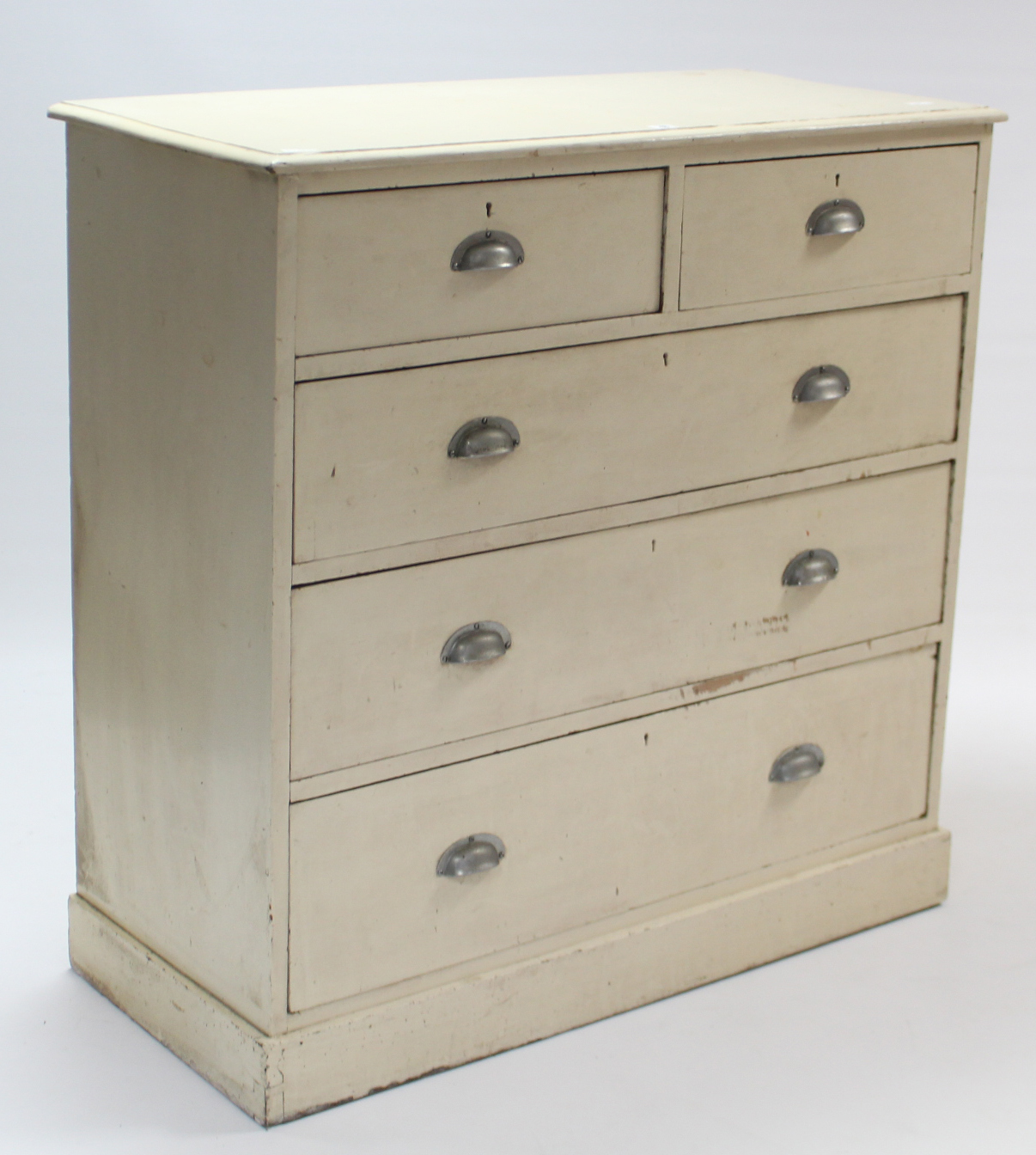 A Victorian white painted pine chest, fitted two short & three long graduated drawers with cup