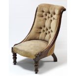 A Victorian buttoned-back nursing chair, the all-in-one seat & back upholstered fawn velour, & on