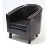 A dark brown leatherette tub-shaped chair.
