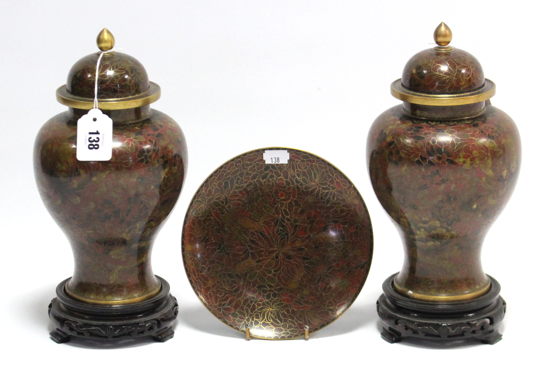 Another pair of Chinese cloisonné vases of baluster shape & bronze ground, each with removable cover