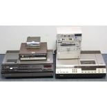 Two vintage Philips video cassette recorders; an Aurex micro hi-fi system; a Carltone “350” tape