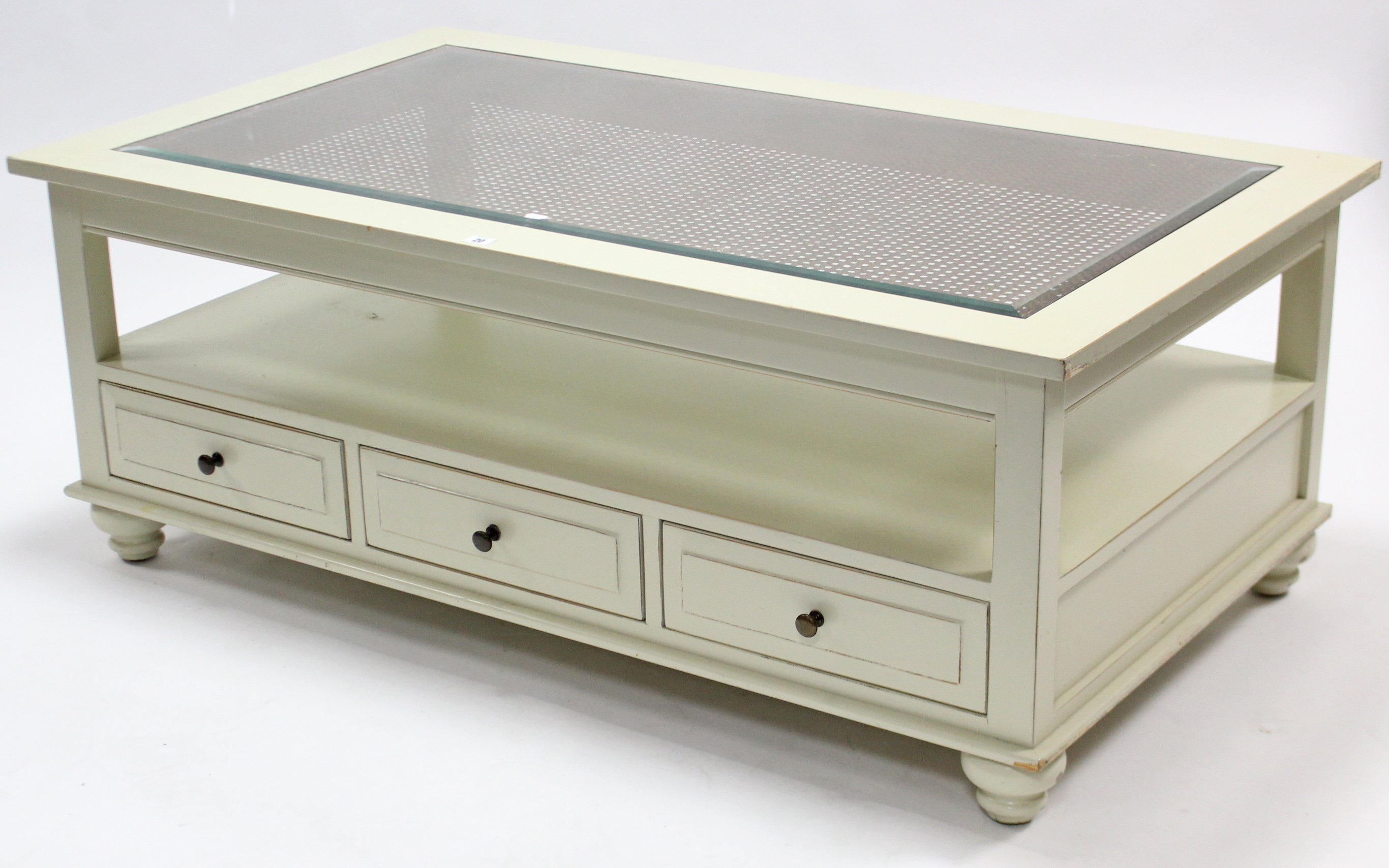 A white painted wooden large rectangular two-tier coffee table inset bevelled tempered-glass top,