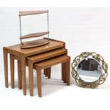 A teak nest of three rectangular occasional tables; together with a small display stand; & a gilt