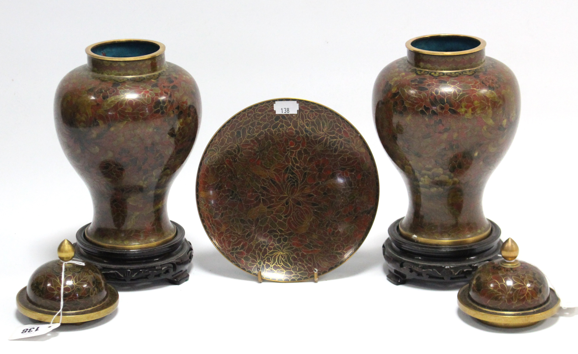 Another pair of Chinese cloisonné vases of baluster shape & bronze ground, each with removable cover - Image 2 of 2