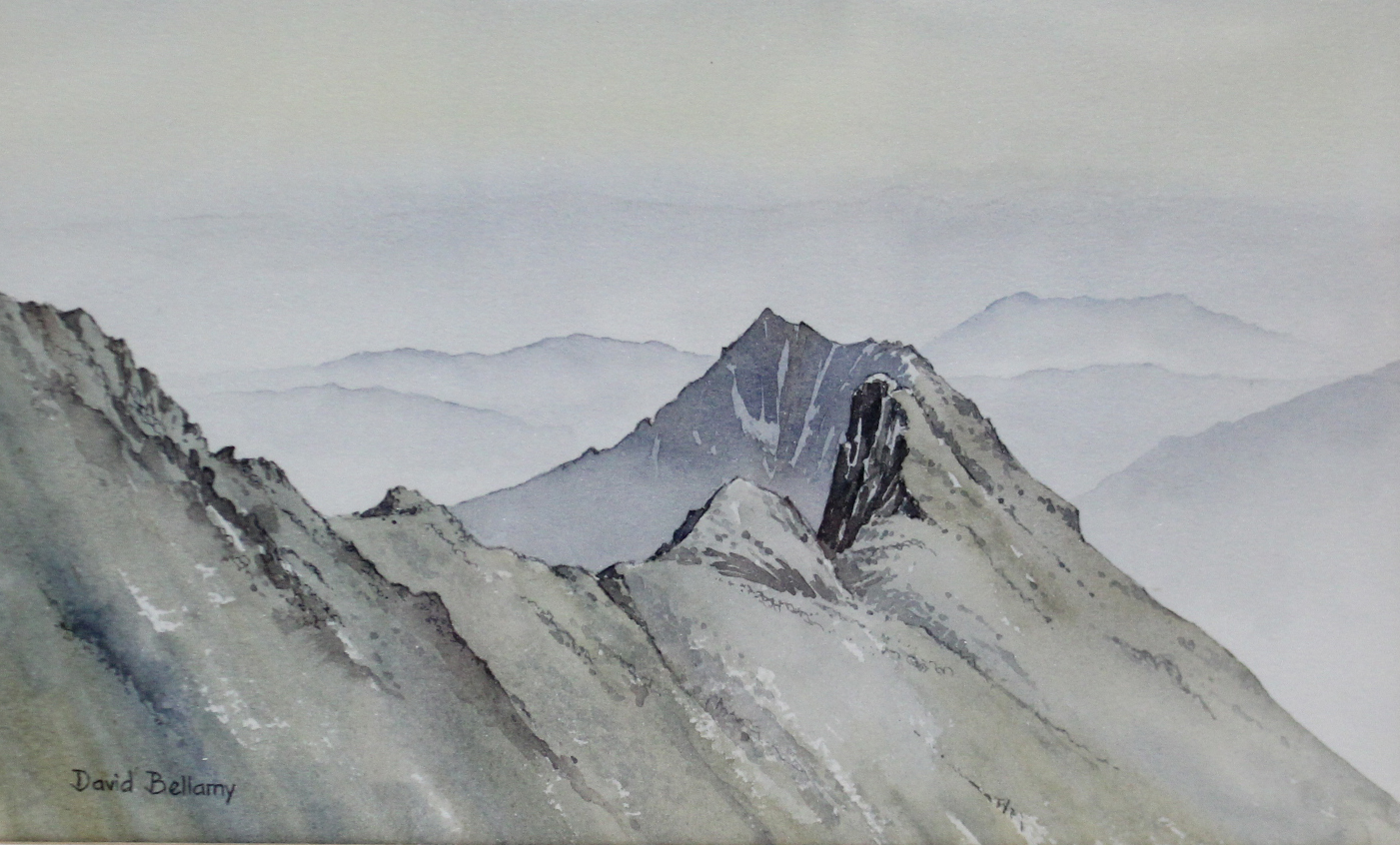 Two watercolour paintings by David Bellamy, titled to reverse: “Crib Goch, just after Sunrise”,