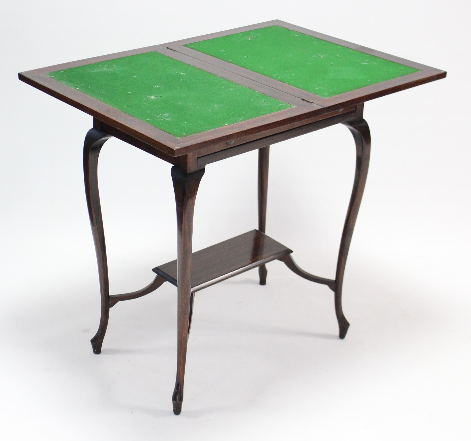 An Edwardian mahogany card table inset green baize to the rectangular fold-over top, fitted frieze - Image 2 of 4