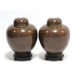 A pair of Chinese cloisonné ovoid vases of bronze ground with removable covers & each with