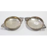 A pair of Edwardian silver small quaiches, each with pierced scroll flat handles & engraved