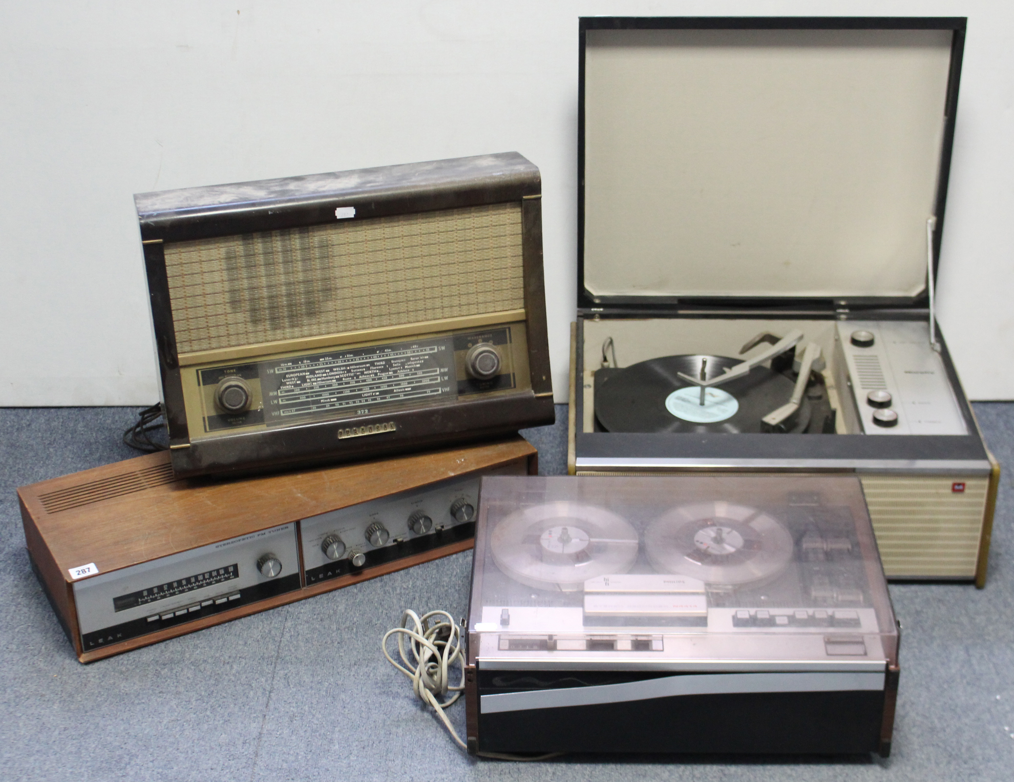 A Leak “Stereo 30” FM tuner; a Philips “N4414” reel-to-reel tape recorder; a Murphy turntable; & a