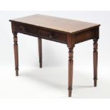 A late Victorian mahogany rectangular side table, fitted two frieze drawers with turned wood handles