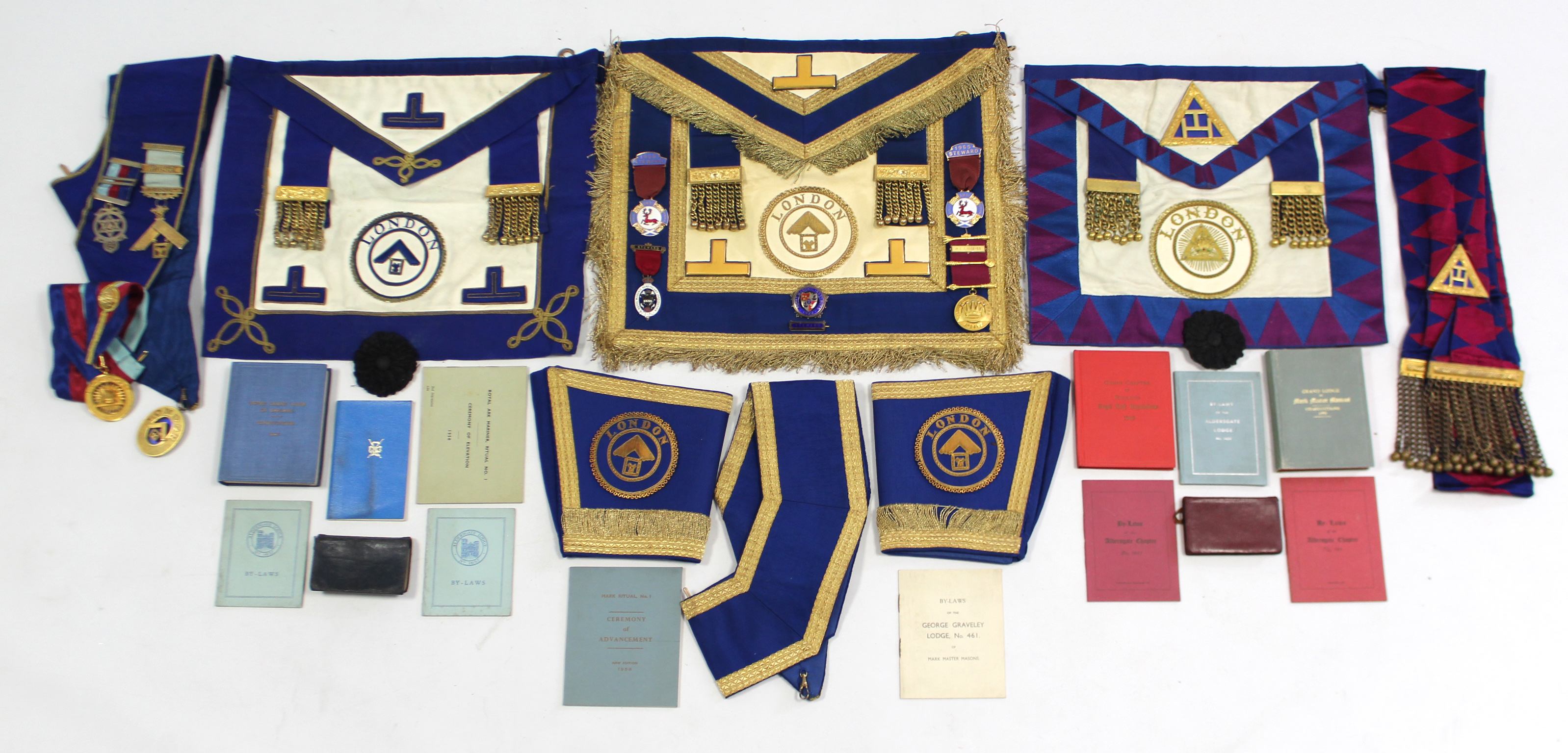 Two Masonic regalia aprons; five ditto medals; & various items of Masonic regalia.