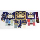 Two Masonic regalia aprons; five ditto medals; & various items of Masonic regalia.