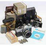 A Praktica “L” 50mm camera; a “Prontor II” folding camera; various camera accessories; & two pairs
