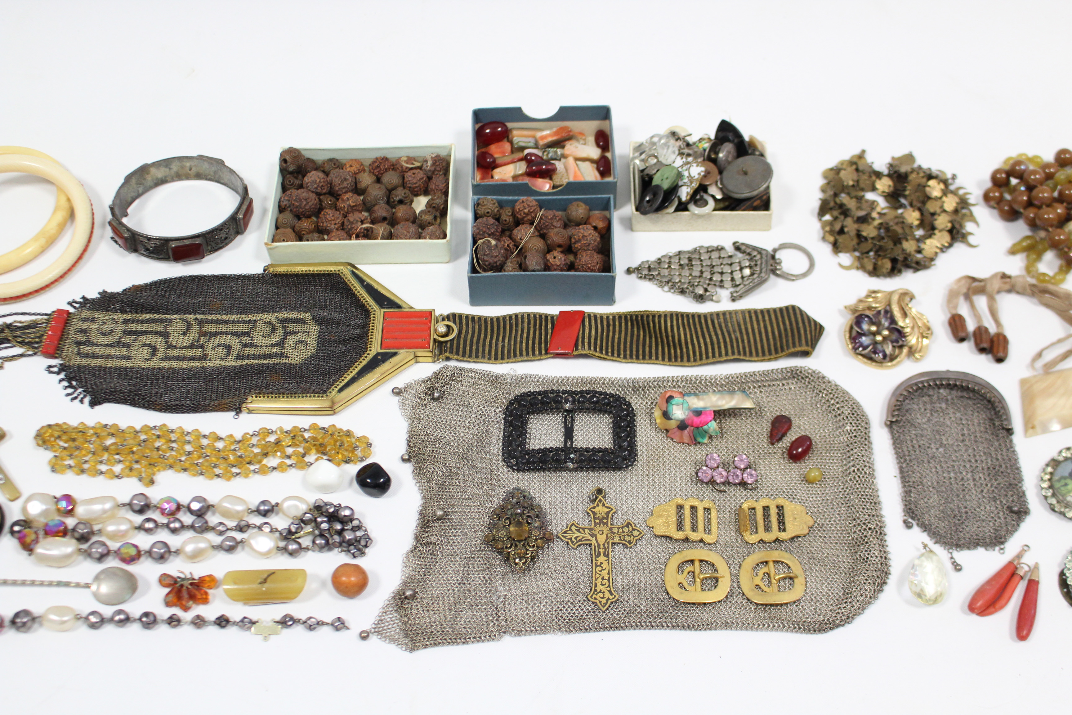 A pair of yellow-metal lorgnettes; four small meshwork purses; & various items of costume - Image 3 of 4