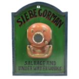 A painted wooden sign “SIEBE GORMAN SALVAGE AND UNDER WATER WORKS”, 22½” x 30”.
