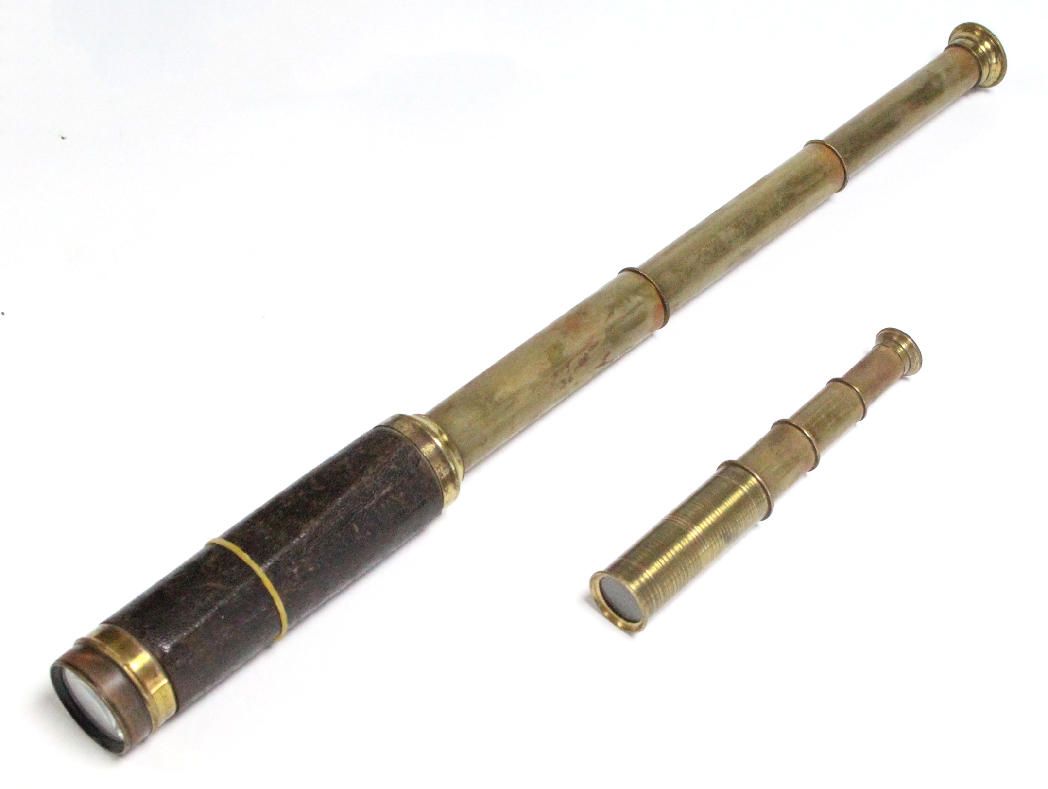 Two brass three-drawer pocket telescope, 18½” & 6½” long. - Image 2 of 4