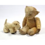 A Deans Rag Book terrier soft toy; a golden plush teddy bear, 20” tall, w.a.f.; & a silk-lined fur