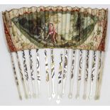 A 19th century fan, the vellum leaf with painted romantic scene decoration, & with mother-of-pearl