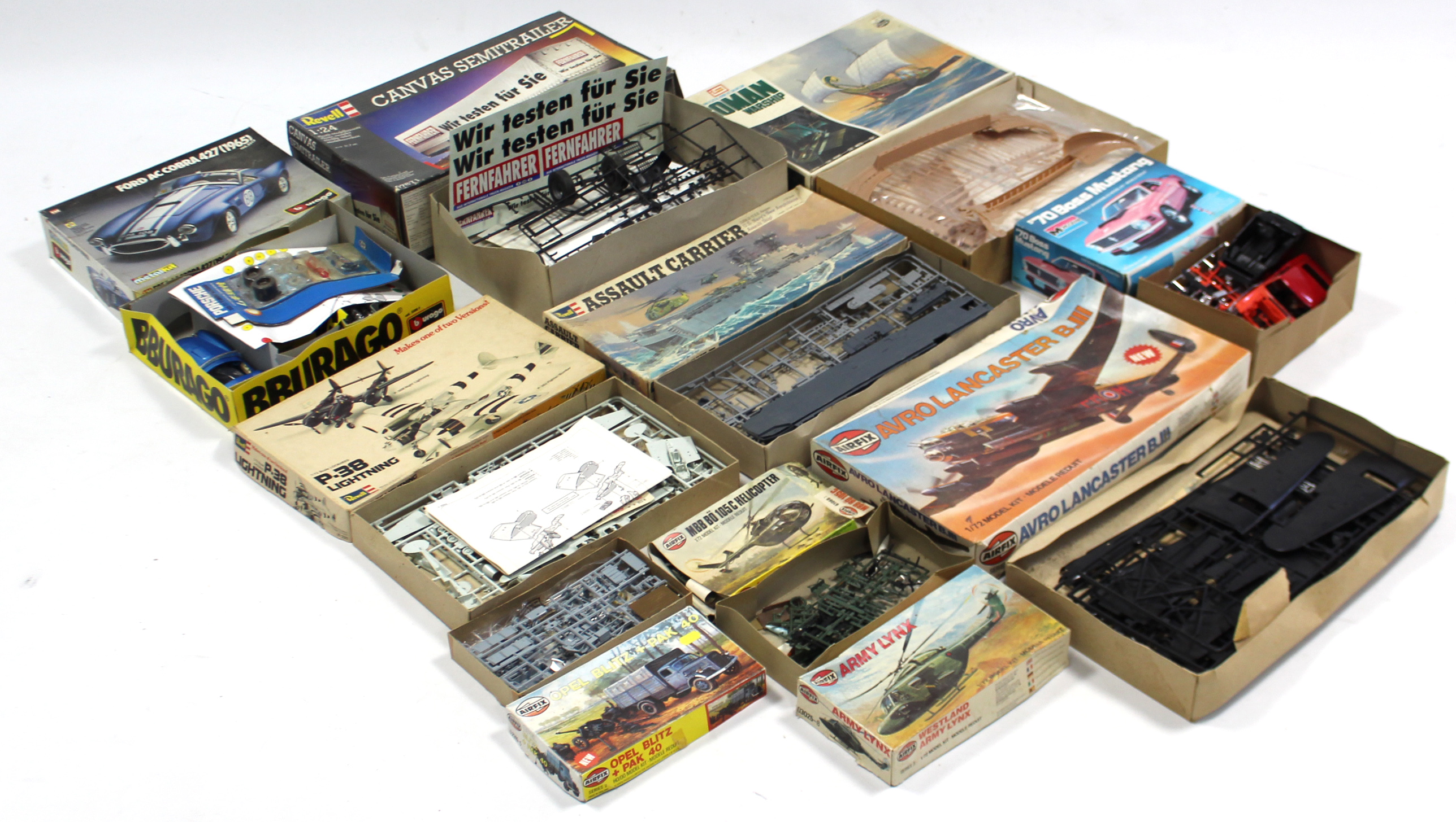 Eleven various model kits, all un-assembled, boxed; & various model kit accessories.