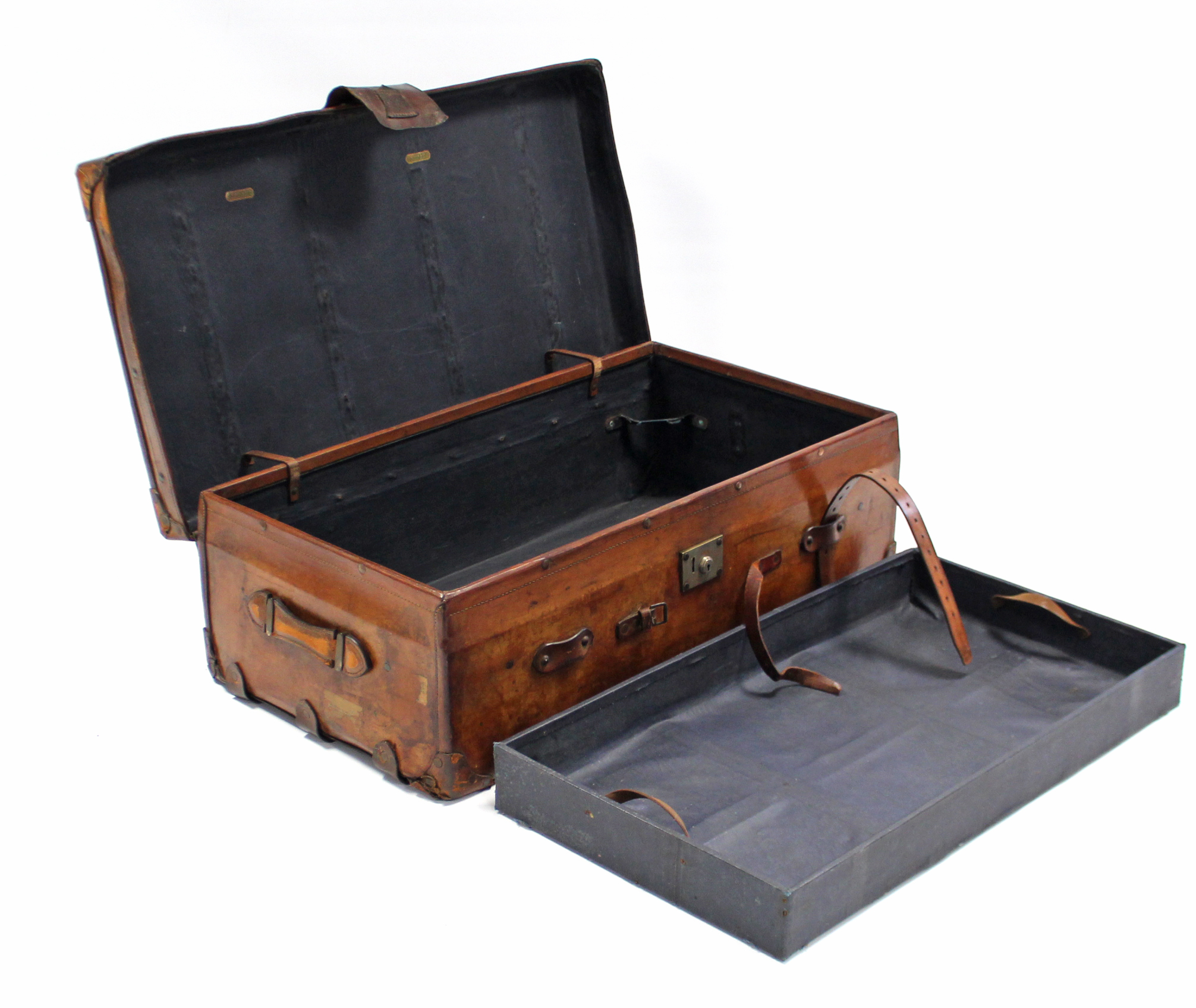 An early 20th century tan leather travelling trunk, fitted with a removable tray & bearing label “ - Image 2 of 4