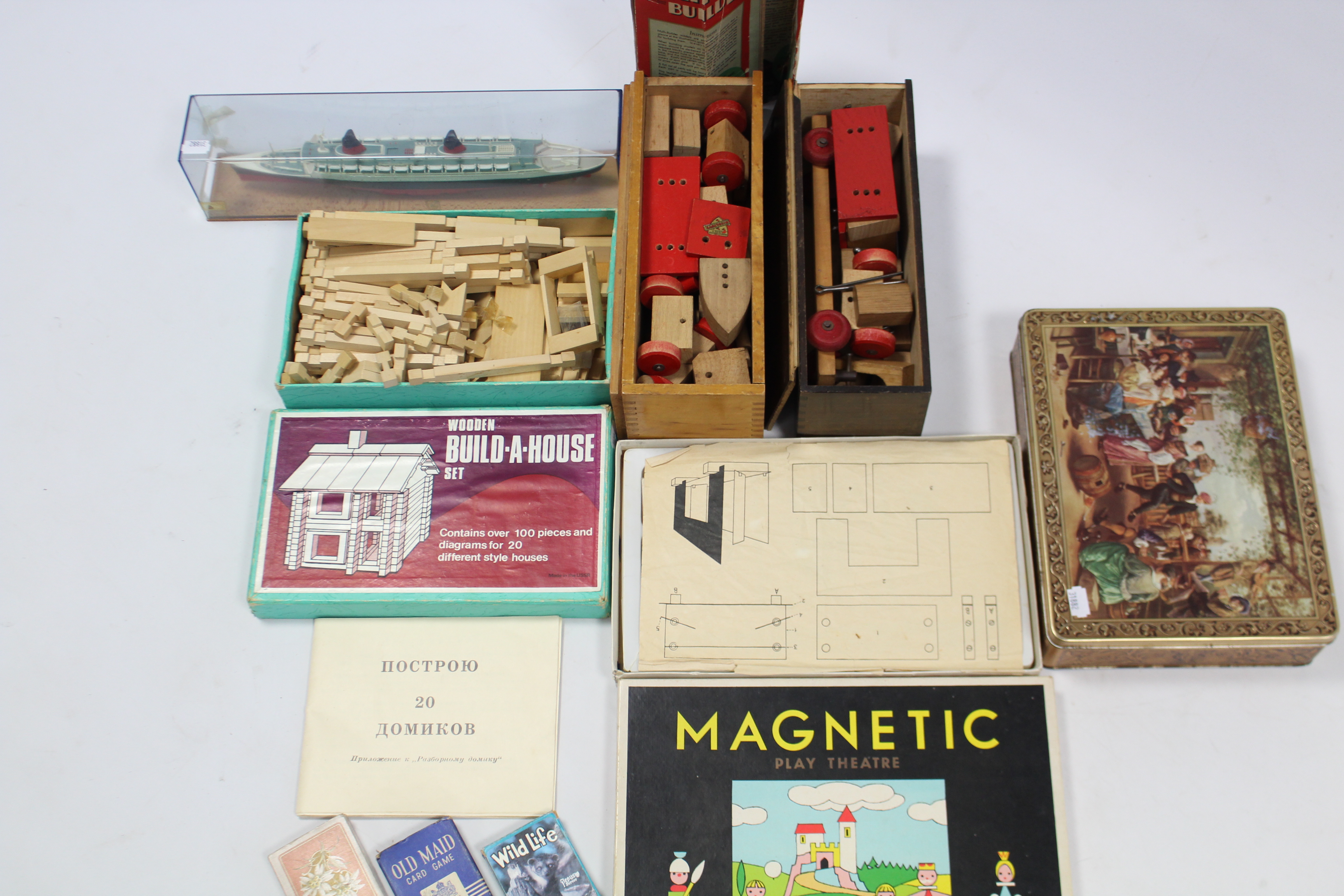 A Russian wooden “Build-A-House” set, boxed; two Multi-Builder wooden construction sets; a model - Image 2 of 3