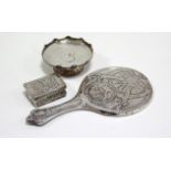 A silver embossed-back hand mirror; a silver sweetmeat dish; & a Dutch silver snuff box.