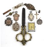 Three early 20th century silver sporting medals; a gent’s wristwatch (lacking strap), etc.