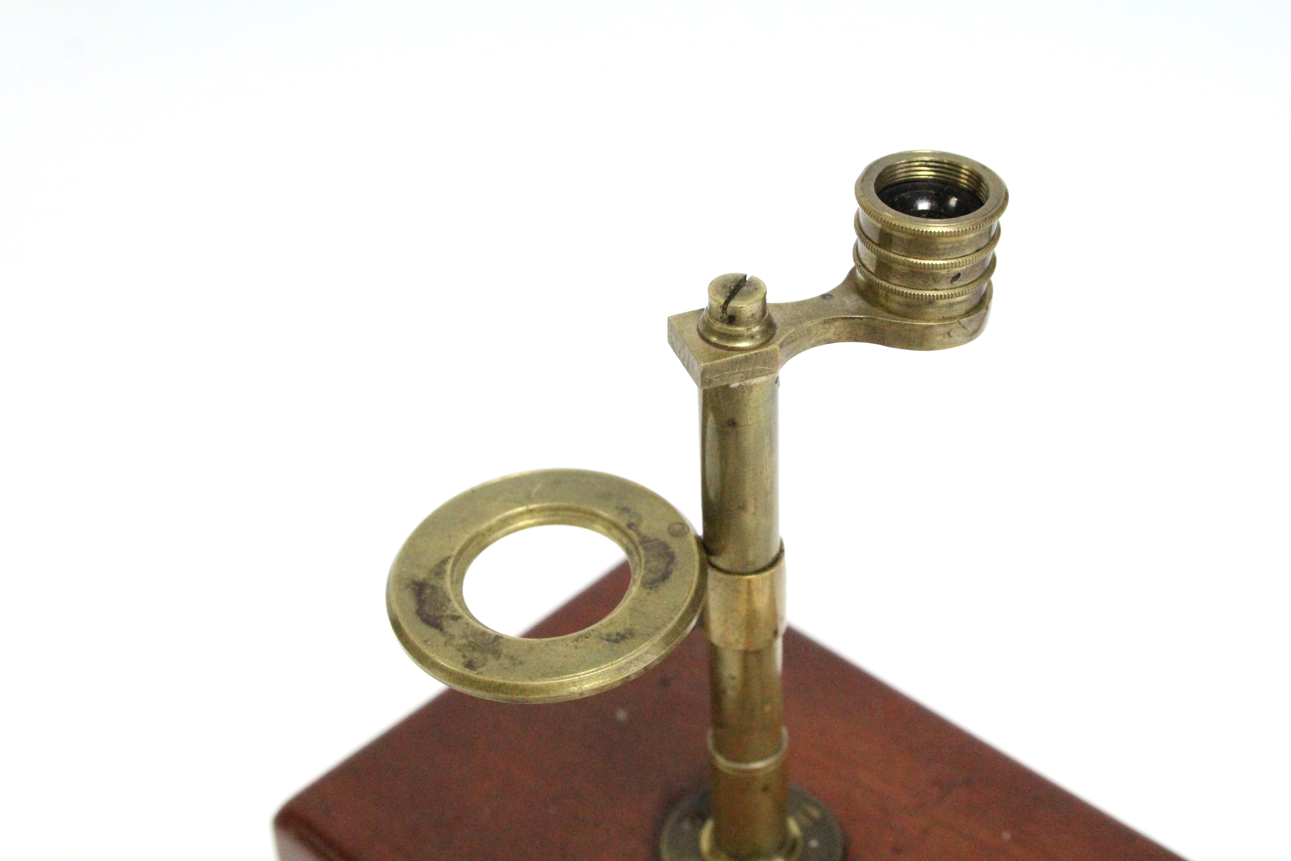 A late 19th/early 20th century brass botanist’s microscope, fitted on mahogany hinged box base, - Image 2 of 3