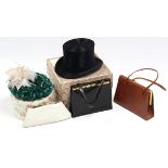 An E. Bissington of 34 Briggate Leeds, black silk top hat with cardboard hat box; together with