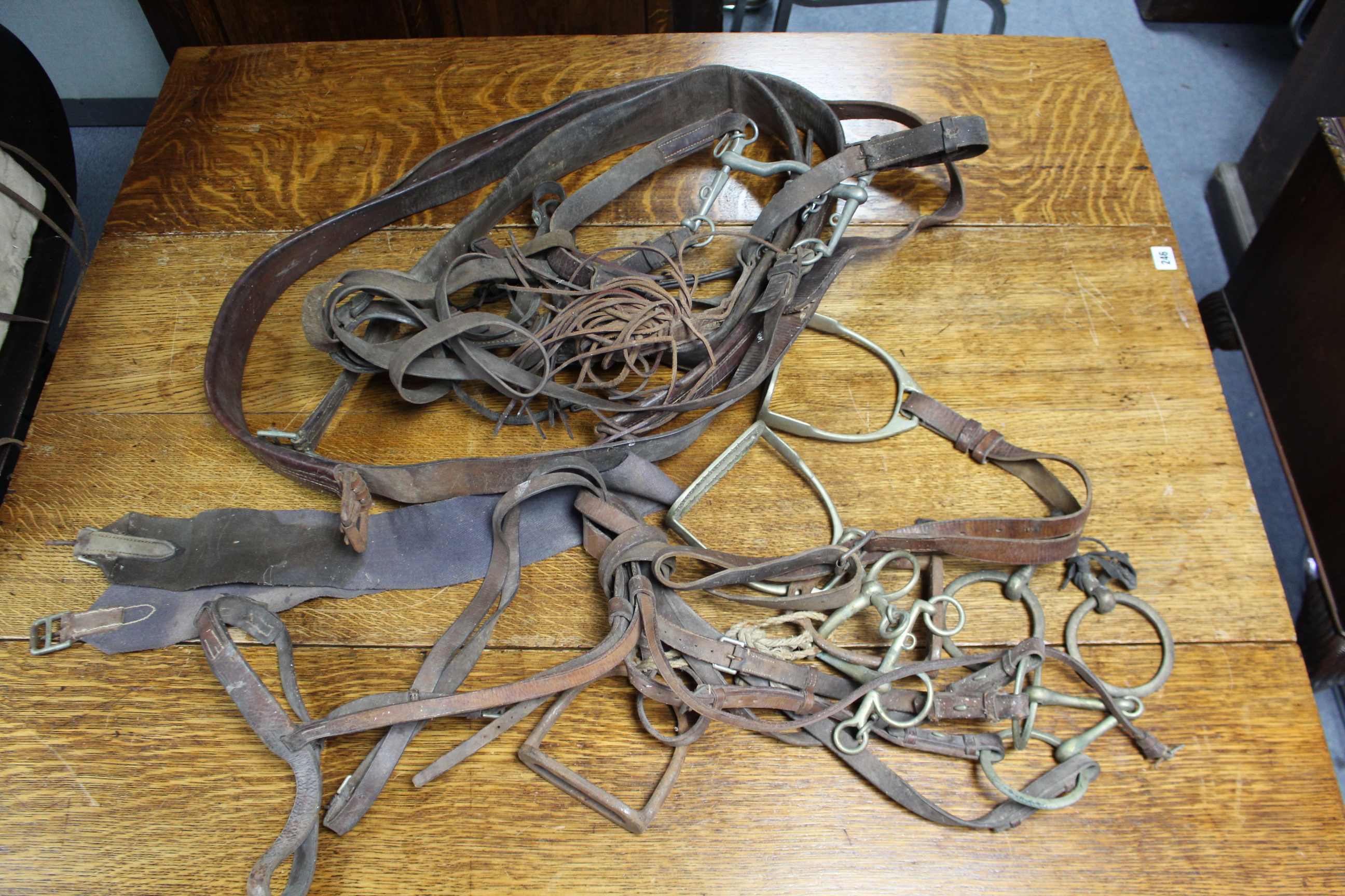 Three leather horse riding saddles; two pairs of riding breeches; a woven horse-hair riding crop; - Image 21 of 23