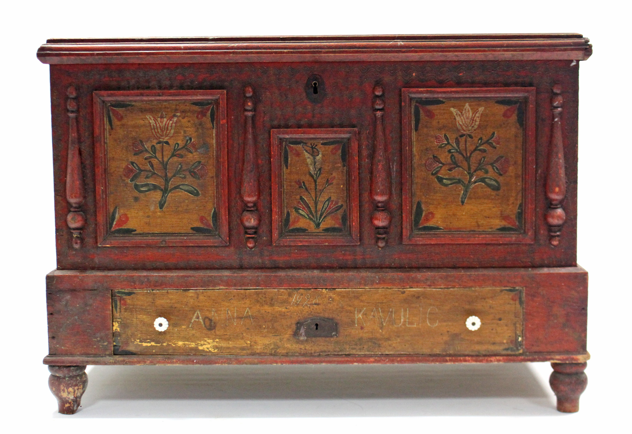 A similar East European painted pine marriage chest, 49” wide x 34½” high.