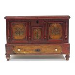 A similar East European painted pine marriage chest, 49” wide x 34½” high.