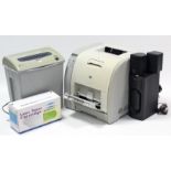 A Hewlett Packard “HP Color Laser Jet 3550” printer; & a Rexel “V120” electric paper shredder;