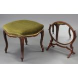 A Victorian walnut frame stool with shaped sides, upholstered green damask & on cabriole legs, 24”