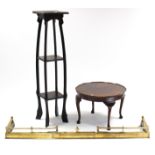 A square three-tier plant stand, 50½” high; together with a mahogany circular low coffee table, 23¾”