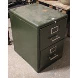 A green art-metal two-drawer dwarf filing cabinet, 19” wide x 28” high.