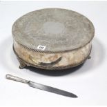 An engraved silver-plated wedding cake stand, 14¼” diam.; & a matching cake knife.