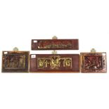 Four Chinese small red & gilt lacquered carved wood rectangular panels, (various sizes).